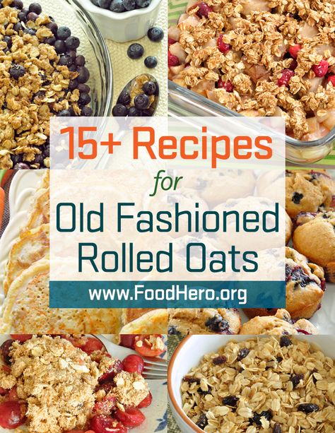 Old Fashion Rolled Oats in Recipes.  Different ways to cook with old fashioned rolled oats! Healthy oat recipes.  Food Hero  - Healthy Recipes that are Fast, Fun and Inexpensive.  Food Hero #oats. Save money.  Food Hero recipes are available in English and Spanish.  #recipes #healthyrecipe.  Oat recipes from Food Hero. #20minuterecipes Oat recipes kids will love. #oats #breakfastideas #healthysnacks #recipes Old Fashion Oat Recipes, Healthy Old Fashioned Oats Recipes, Baked Old Fashioned Oats, Recipes With Rolled Oats Baking, Healthy Recipes With Rolled Oats, Breakfast Ideas Using Oats, How To Cook Rolled Oats, Recipes Using Old Fashioned Oats, Recipes Using Rolled Oats