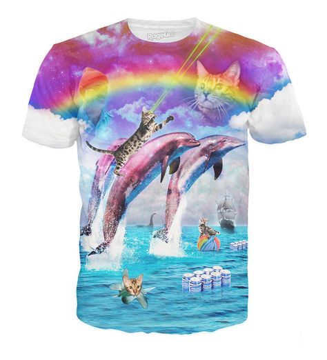 Rainbow Dolphin Kitty T-Shirt Funny Dolphin, Sublimacion Ideas, Fall Hoodies, Bud Light, Short Sleeve Pattern, Cool Hoodies, 3d T Shirts, Cat Tshirt, Cool Tees