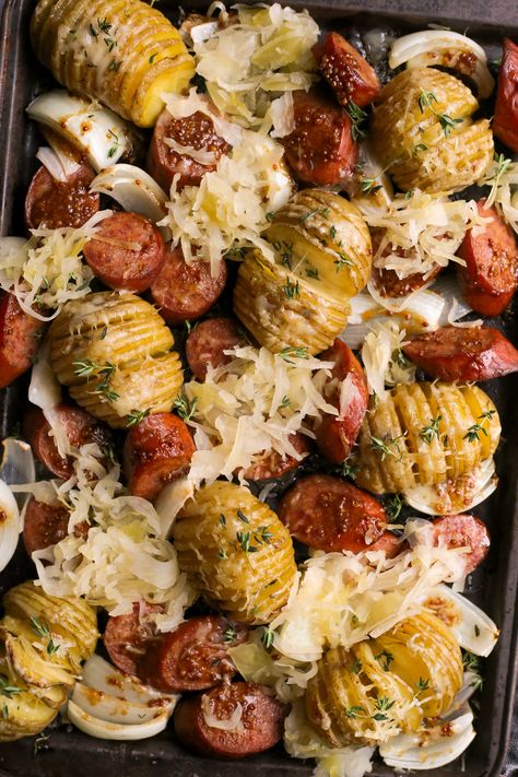 Sheet Pan Party Food, Kielbasa Sausage Dinner Ideas, Casserole With Sauerkraut, Kielbasa Sheet Pan Dinners, Turkey Keilbasa Recipes Sheet Pan, Kielbasa Sheet Pan Meal, Kalbasa And Sourkraut, Polish Sausage Sour Kraut And Potatoes, Recipes With Polish Kielbasa