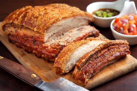 This slow roasted pork belly is tender with a delicious crispy skin (crackling). All it needs are simple seasonings and olive oil. Pork Belly Recipe Oven, Slow Cooker Pork Belly, Roasted Pork Belly Recipe, Pork Belly Roast, Slow Roast Pork, Pork Belly Strips, Roast Pork Belly, Roasted Pork Belly, Pork Belly Recipes