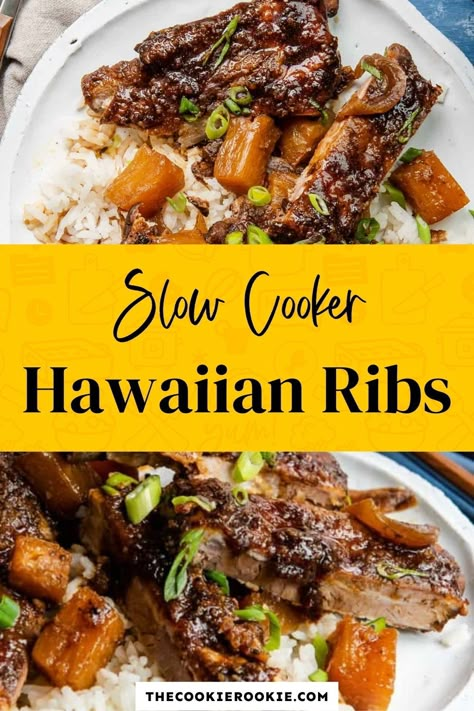 Pineapple Teriyaki Slow Cooker Ribs, Asian Ribs Crockpot, Slow Cooker Hawaiian Ribs, Crockpot Recipes Hawaiian, Hawaiian Pork Crockpot, Pineapple Spare Ribs Recipe, Hawaiian Short Ribs Recipes, Pineapple Ribs Recipe, Maui Ribs Recipe