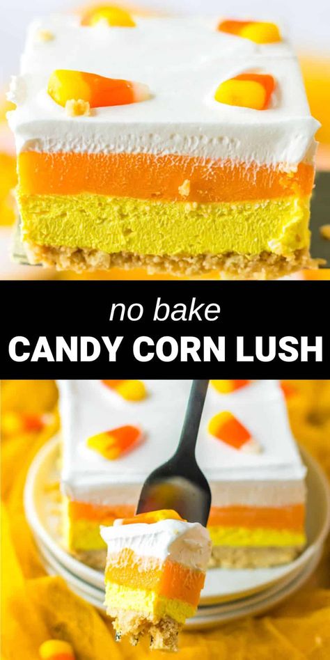 orange and yellow layered candy corn dessert Candy Corn Poke Cake, Candy Corn Cake Decoration, Candy Corn Cheesecake, Candy Corn Cake Ideas, Holloween Desserts, Oreo Cookie Butter, Candy Corn Desserts, Candy Corn Cake, Candy Corn Recipe