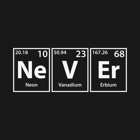 Never (Ne-V-Er) Periodic Elements Spelling - Never - T-Shirt | TeePublic Periodic Elements Art, Periodic Table Art, Periodic Table Words, Chemistry Art, Periodic Elements, Chemistry Humor, Chemistry Jokes, Science Words, Science Stickers