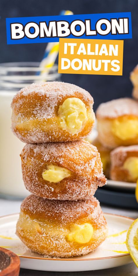 Authentic Italian recipe for bombolini Italian doughnuts Baked Filled Donuts Recipe, Simple Baked Goods, Bomboloni Recipe, Italian Pastry Cream, Heavenly Dessert Recipe, Italian Donuts, Italian Christmas Recipes, Homemade Doughnuts, Baked Donut Recipes