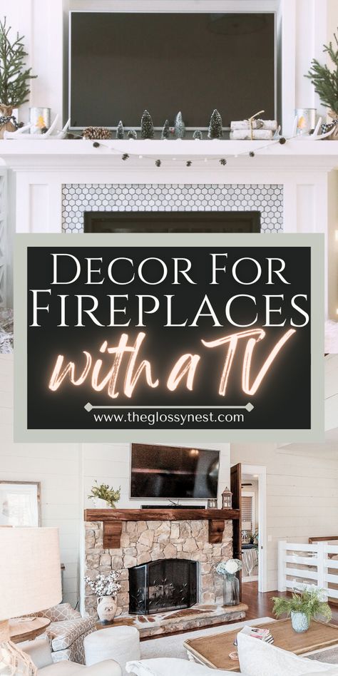 decor for fireplaces with a tv Christmas Mantels Modern, Fireplace Makeover Ideas With Tv, Christmas Mantle With Tv Above Farmhouse, Decorate Hearth Fireplace, Lamps On Mantles Fireplaces, Art Beside Fireplace, Mantle Decor With Tv And Sound Bar, Tv Above Mantel Decorating Ideas, Decorating Around Tv On Mantle