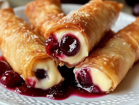 Air Fryer Cherry Cheesecake Egg Rolls Dessert Egg Rolls Recipe, Cheesecake Egg Rolls, No Egg Desserts, Homemade Donuts Recipe, How To Make Eggs, Quick Treats, Egg Roll Recipes, Cherry Cheesecake, Homemade Donuts