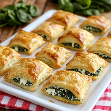 This Spinach and Ricotta Cheese Puff Pastry appetizer is an easy, crowd-pleasing recipe. Made with fresh spinach, ricotta, and Parmesan cheese, wrapped in golden, flaky puff pastry, it’s a savory bite perfect for any gathering. Serve warm for a delicious snack or appetizer. Spinach Ricotta Feta Puff Pastry, Spanikota Puff Pastry, Puff Pastry Ricotta Recipes, Puffed Pastry Recipes Savory, Spinach Ricotta Puff Pastry, Puff Pastry Spinach Recipes, Spanokita Recipe Puff Pastry, Cream Cheese Spinach Puffs, Spinach Puff Pastry Appetizers