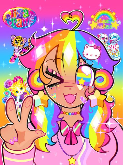 Lisa Frank Aesthetic Outfit, Vibrant Art Style, Kawaii Art Aesthetic, Kidcore Oc, Decora Art, Rainbow Doodle, Persona 1, Bright Colors Art, Kidcore Art