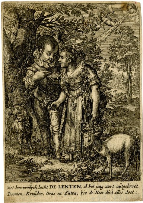 Spring. Landscape with two children, a boy and a girl, studying a bird's nest with chicks, the girl holds a bouquet of flowers and a small basket, a kid goat and a young deer in foreground; anonymous copy after Jan Saenredam who engraved after Hendrik Goltzius Engraving Apollo And Hyacinth, Venus And Adonis, Apollo And Daphne, 19th Century Illustration, Metamorphosis Art, Ovid Metamorphoses, Laurel Tree, Old Illustration, Medieval Era