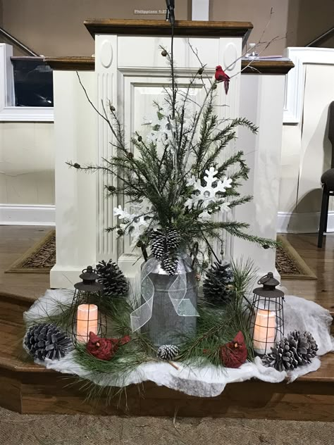 January Floral Arrangements For Church, Christmas Sanctuary Decorations, Winter Decorations For Church Sanctuary, Church Winter Decorations, January Flower Arrangements For Church, Sanctuary Decor Church Ideas, Winter Floral Arrangements For Church, Church Advent Decorations, Decorating Church For Christmas