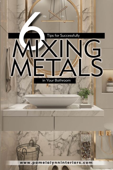 Six Designer Tips for Mixing metals in your bathroom. Gold Black Hardware Bathroom, Black And Gold Finishes In Bathroom, Black And Silver Fixtures Bathroom, Master Bathrooms With Gold Fixtures, Mixing Metals In A Bathroom, Mixing Gold And Silver Bathroom Fixtures, Gold And Black Fixtures Bathroom, Bathroom Bronze Fixtures Color Schemes, Bronze And Gold Bathroom