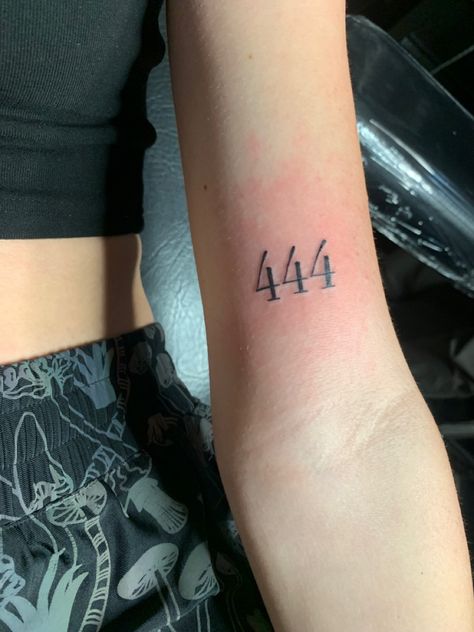 444 On Arm Tattoo, 444 Arm Tattoo, Front Bicep Tattoo, Inside Bicep Tattoo Women, Inside Bicep Tattoo, Bicep Tattoo Women, Ethereal Core, Bicep Tattoos, 444 Tattoo