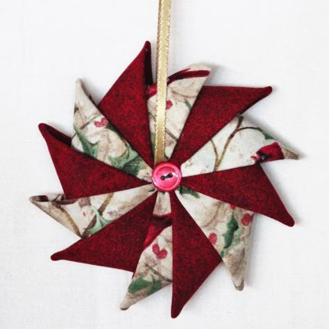 Prairie Points Make Beautiful Star Ornaments - Quilting Digest Prairie Point Pinwheel Ornament, Pinwheel Ornaments How To Make, Prairie Point Star Ornament Tutorial, Woven Star Ornament, Fabric Pinwheel Christmas Ornaments, Scrappy Christmas Quilts, Prairie Point Star Ornament, Fabric Christmas Decorations, Christmas Fabric Crafts