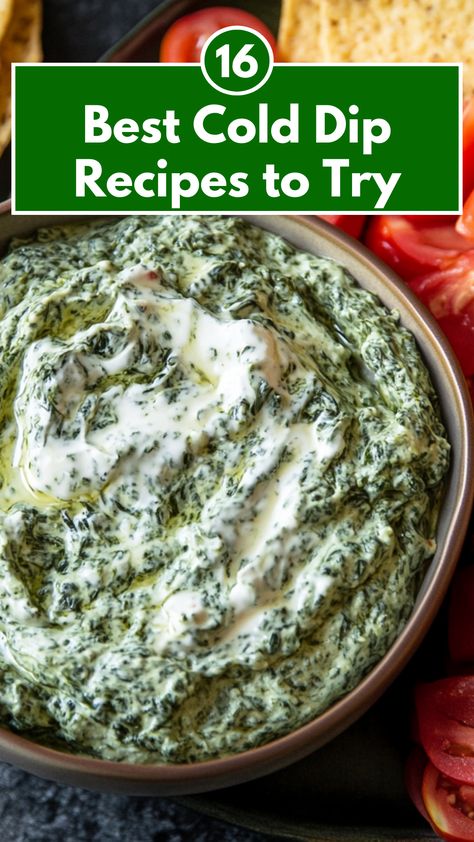 Creamy spinach dip made with a rich blend of sour cream, cream cheese, and chopped spinach, served in a bowl with fresh tomatoes and crispy tortilla chips. A perfect cold dip for parties, game nights, or appetizers, packed with flavor and easy to make at home. Creamy Cheese Dip, Cold Dip Recipes, Cold Dip, Cold Dips, No Cooking, Creamy Cheese, Cheese Dip, Game Nights, Dip Recipes