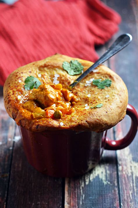 Butter Chicken Pot Pie with Naan Crust.  An Indian spin on an All-American classic!  | hostthetoast.com Indian Chicken, Mug Recipes, Tater Tots, Fettuccine Alfredo, Juicy Chicken, Chicken Pot, Chicken Pot Pie, Creamy Sauce, Butter Chicken