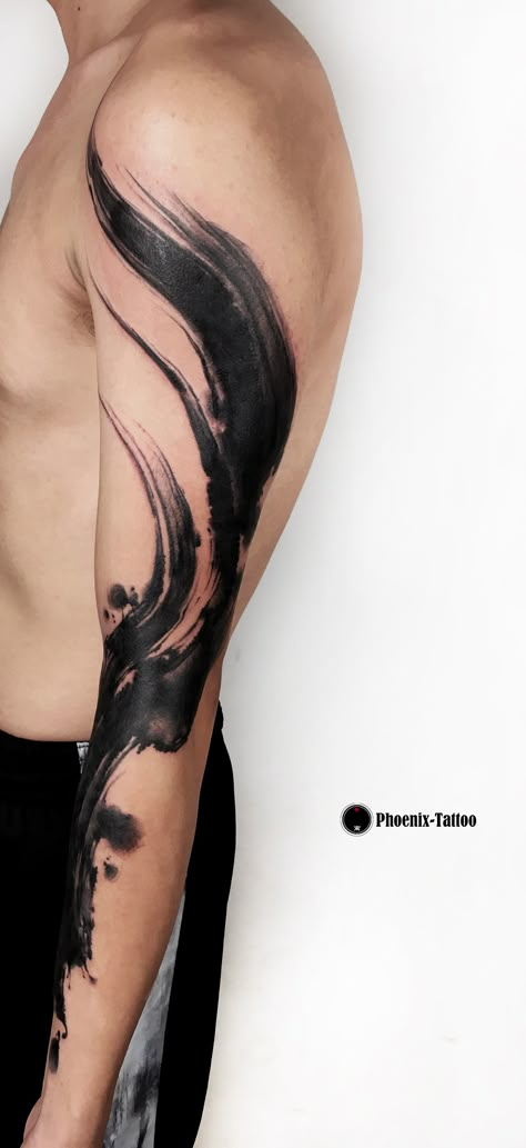 Calligraphy Arm Tattoo, Fire Wings Tattoo, Tattoo On Neck Women, Dark Abstract Tattoo, Kiss Tattoo On Neck, Brushstroke Tattoo, Splatter Tattoo, Voll Arm-tattoos, Wind Tattoo