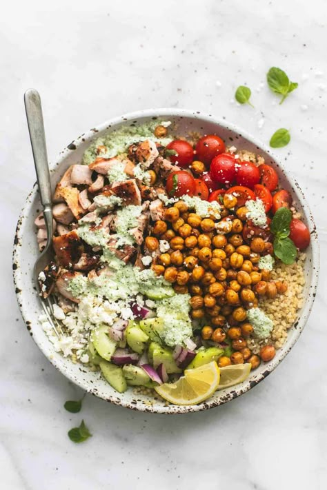 Greek Chicken Power Bowls - Creme De La Crumb Chicken Power Bowl Recipe, Greek Buddha Bowl, Chicken Buddha Bowl, Chicken Power Bowl, Tzatziki Dressing, Healthy Bowl Recipes, Superfood Bowl, Adult Lunchables, Power Bowl Recipe