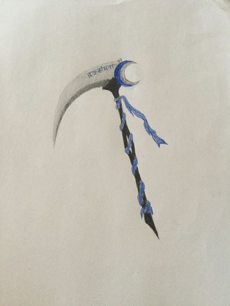 Blue Moon Scythe Scythe Drawing Reference, Aesthetic Scythe, Scythe Reference, Scythe Character Design, Scythe Drawing, Blue Scythe, Fantasy Scythe, Scythe Designs, Moon Scythe