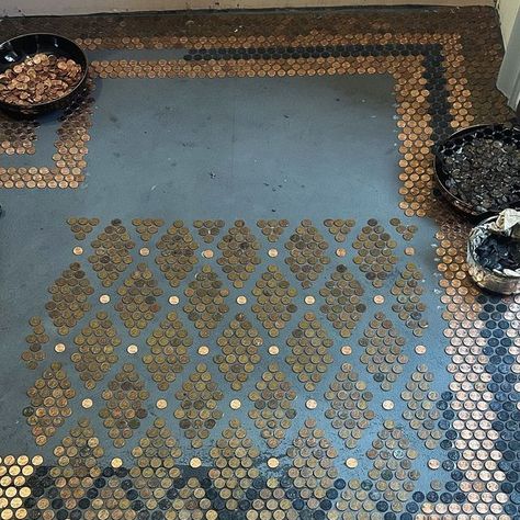 Kat Von D on Instagram: "Progress shot of the bathroom penny floor. ALSO, you guys left a ton of questions/comments on my last penny floor post (mostly sweet, but some extremely rude💁🏻‍♀️) but figured I’d answer some of those here:  •we definitely plan on grouting and then covering with a couple of layers of clear epoxy - so the pennies won’t oxidize, it will be easy to clean, and won’t exude a copper scent.   •the template I am using was not designed for this but works well for it. I’ll try and find where I got it and link it for you guys soon.   •the black pennies: I didn’t paint them, but I did treat them using Liver of Sulfur which smells awful.  I do plan on making a full length how-to video to show you guys step by step.   •yes, all the pennies are heads up and facing the same dire Penny Mosaic, House Rehab, Penny Floor, Creative Flooring, Cheap Flooring, Penny Tile, Unfollow Me, Clear Epoxy, Kat Von