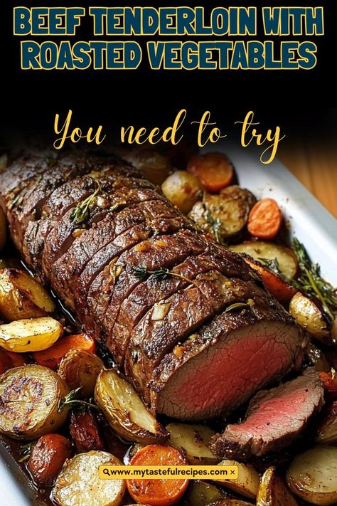 A beautifully cooked herb-crusted beef tenderloin paired with flavorful roasted vegetables. This is the perfect meal for any occasion that deserves something extra special! Roast Beef Christmas Dinner, Roast Beef With Vegetables, Beef Tenderloin Roast Recipes, Christmas Beef, Beef Tenderloin Recipes, Beef Tenderloin Roast, Tenderloin Roast, Cooking Herbs, Tenderloin Recipes