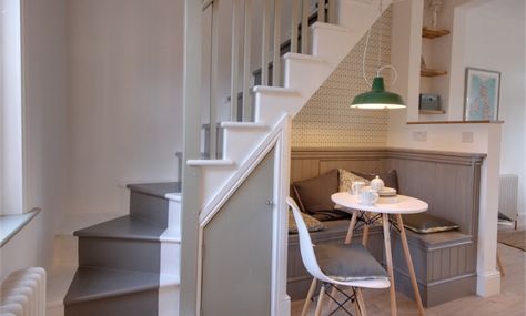 Great use of under stairs space. Making valuable dining and storage in a small kitchen. Small In Kitchen Dining Area, Under Stairs Table And Chairs, Under Stair Dining Area, Understairs Dining Table, Dining Area Under Staircase, Dining Nook Under Stairs, Breakfast Nook Under Stairs, Under Stairs Dining Table, Under Stairs Seating Area