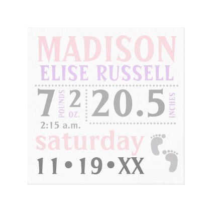 #pink - #Baby Girl Announcement pink purple grey Canvas Print Birth Announcement Wall Art, Birth Announcement Design, Its A Girl Announcement, Baby Girl Announcement, Nursery Art Girl, 3d Printed Metal, Birth Details, Beautiful Typography, Birth Stats