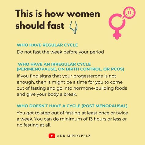 Here is what a women should follow when fasting: Those who have a regular cycle – Do not fast the week before your period. Check out my YouTube Vid 🎥 : When is the Right Time For A Woman to Intermittent Fast ⬇️ >> https://youtu.be/fZSN5vsAWgM Fasting Cycle Women, Fasting For Your Cycle, Cycle Fasting, Fasting During Menstruation, Fasting For Women Cycle, Fasting With Your Cycle, Fasting Women, Fast Like A Girl Fasting Cycle, Cycle Syncing Fasting