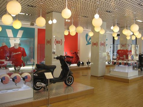 (RED) Vespa store Vespa Shop, Bike Showroom, Red Vespa, Radio Flyer, Restaurant Interior Design, Furniture Designs, Restaurant Interior, Electric Bike, Vanity Mirror