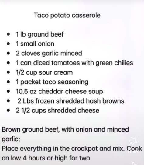 Taco Potato Casserole, Crockpot Dump Recipes, Crockpot Recipes Beef Stew, Crockpot Casserole, Potato Tacos, Crock Pot Tacos, Shredded Potatoes, Cheddar Cheese Soup, Slow Cooker Tacos