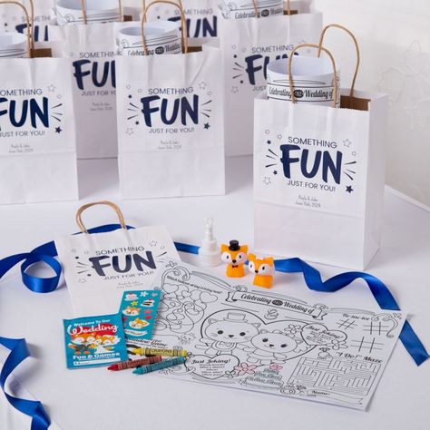 Who says grown-ups get to have all the fun? Perfect for keeping little ones entertained during your wedding ceremony or reception, this wedding favor kit is sure to be a hit with the kids who are helping you celebrate your big day. Featuring personalized bags ready to be filled with fun activities and toys, this kit is the perfect way to say thank you to your youngest guests! (84 pcs. per unit)Includes:o 24 Plastic Bride & Groom Foxes (Includes 6 of each style. 1 1/2" x 1 3/4")o 12 Paper Personalized Medium Wedding Favor Gift Bags (6 1/2" x 3 1/4" x 9" with 4 1/2" handles. Personalize with 2 lines of text. Simple assembly required to apply personalized sticker.)o 12 Paper Wedding Kids' Table Activity Placemats (13 1/2" x 9 1/2")o 24 Wedding Cake Bubble Bottles (Includes .5-oz. plastic bott Wedding Busy Bags For Kids, Busy Bags For Kids At Wedding, Wedding Favors For Kids, Kids Entertainment Wedding, Kids Stationery Set, Medium Wedding, Kids Wedding Favors, Wedding Goodie Bags, Kids Gift Bags