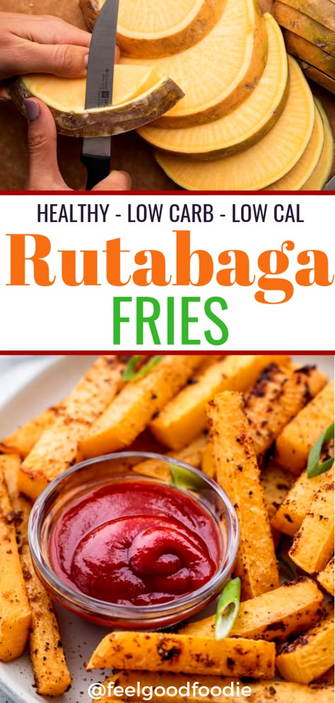 Rutabaga is an under-served root vegetable that can be cut up, seasoned and oven-baked to make this keto friendly, low carb, low calorie Rutabaga Fries recipe that makes a great side dish | Root Vegetables | Winter Vegetables | Low carb vegetables | Ketogenic | Low carb | #rutabagafries #rutabaga #lowcarb #ketofriendly via @feelgoodfoodie1 Rudabega Fries Recipes, Recipe For Rutabagas, Low Carb Rutabaga Recipes, Low Carb Root Vegetables, Canning Rutabaga Recipes, Recipes With Rutabaga, Vegan Rutabaga Recipes, Keto Rutabaga Recipes, Rudabega Recipes