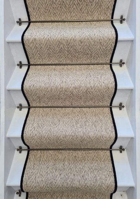 Beige Stair Runner, Carpet Runner On Stairs, Herringbone Stair Runner, Carpet Stair Runner, Striped Stair Runner, Weave Carpet, Oak Handrail, Staircase Runner, White Stairs