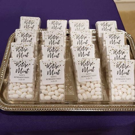 Retire Mints Favors, Favor Ideas For Retirement Party, Retirement Giveaways Ideas, Teacher Retirement Party Favors, Retirement Keepsake Ideas, Party Favors For Retirement Party, 80th Party Favors, Retirement Party Table Decor, Retirement Favors For Guests