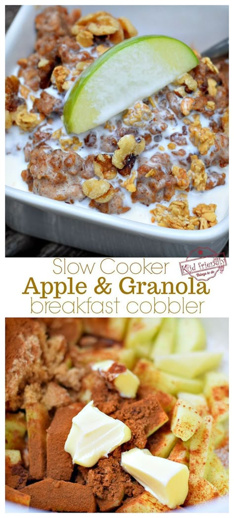 Slow Cooker Apple and Granola Breakfast Cobbler Recipe - Amazing overnight delicious and easy recipe that's healthy too! www.kidfriendlythingstodo.com Breakfast Cobbler, Slow Cooker Apple Cobbler, Apple Granola, Apple Cobbler Recipe, Slow Cooker Apple, Breakfast Crockpot Recipes, Cinnamon Granola, Slow Cooker Breakfast, Slow Cooker Apples