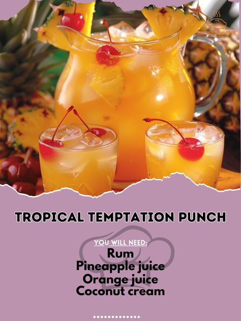 🍍 Dive into the tropical paradise with Tropical Temptation Punch! 🌺✨ #TropicalTemptation #PartyPunch Tropical Temptation Punch Ingredients: Rum (1 cup) Pineapple juice (2 cups) Orange juice (1 cup) Coconut cream (1/2 cup) Grenadine (1/4 cup) Ice cubes Pineapple slices (for garnish) Maraschino cherries (for garnish) Instructions: In a large pitcher, combine rum, pineapple juice, orange juice, coconut cream, and grenadine. Stir well to mix. Fill glasses with ice cubes and pour the punch ove... Prime Tropical Punch, Coconut Cream Rum Chata Drinks, Tropical Punch Recipe, Caribbean Rum Punch, Caribbean Sunset Rum Punch, Coconut Rum Punches, Alcohol Punch, Juice Coconut, Breakfast Drinks