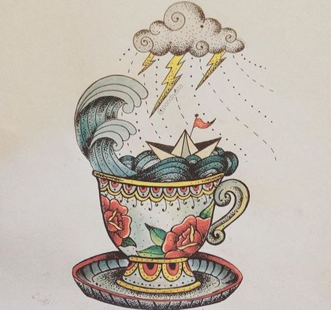 Canvas Painting Patterns, Teacup Tattoo, Storm Tattoo, Pretty Flower Tattoos, Storm In A Teacup, Cup Tattoo, Bff Tattoos, Doodle Tattoo, Leg Sleeve Tattoo