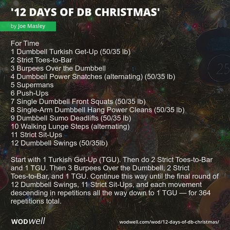 One of the more popular variants of the popular "12 Days of Christmas" style WODs on WODwell. Click for lots more Christmas WODs! #MerryChristmas to all of you who celebrate! Happy Holidays to all! #christmaswod #holidaywod #metcon #benchmarkwod #wodwell #wod #workout #fitness #functionalfitness #testandretest #garageworkout #garagewod #garagegym #homeworkout #athomeworkout #homewod 12 Days Of Christmas Workout Crossfit, Christmas Workouts, 12 Days Of Christmas Workout, Christmas Workout, Wod Workout, Popular Workouts, Christmas Style, Garage Gym, Christmas Advent