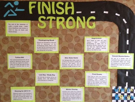 Finish Strong Bullet Board! A board with encouragement, reminders, and important dates for the end of the semester. Ra College, Dorm Bulletin Boards, School Counseling Bulletin Boards, Ra Inspiration, Resident Assistant Bulletin Boards, November Bulletin Boards, College Bulletin Boards, Resident Advisor, Art Bulletin Boards