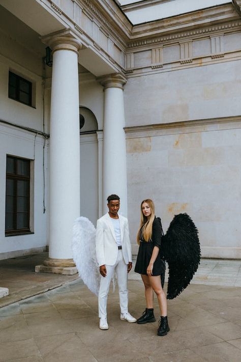 A Man and Woman Wearing Angel Costumes · Free Stock Photo Good And Bad Angel Costume, Angel Costume Photo Shoot, Dark Angles Halloween, Good Angel Bad Angel Costumes, Men’s Angel Costumes, Half Devil Half Angel Costume, Angel Costume, Angel And Devil, Free Stock Photos