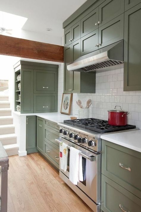 40+ Sage Green Kitchen Cabinets (with Paint Colors!) - Jenna Sue Design Green Painted Kitchen Cabinets, Green Painted Kitchen, Top Kitchen Colors, Olive Green Kitchen, Painted Kitchen Cabinets, Kitchen Cabinet Inspiration, Kitchen Cabinet Trends, Sage Green Kitchen, Painted Kitchen Cabinets Colors