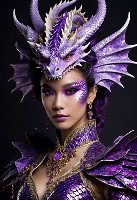 Dragon Costume Women Makeup, Purple Dragon Makeup, Dragon Halloween Costumes Women, Dragon Scales Makeup, Dragon Headress, Dragon Head Costume, Dragon Makeup Look, Dragon Queen Costume, Dragon Costume Women