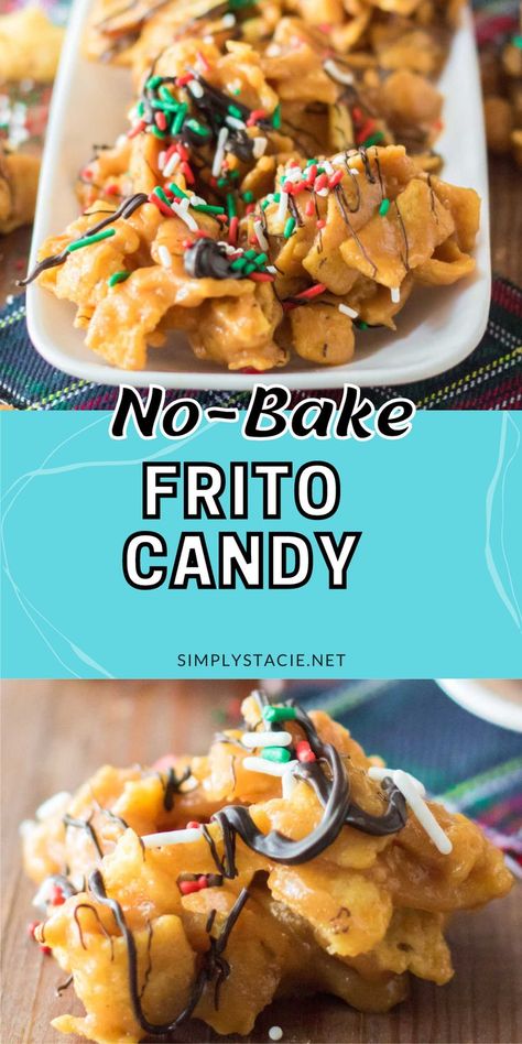 Two image collage of frito candy. First image is the candy on a platter. Second image is a candy on a wood board. Frito Candy, Salty Sweet Snacks, Peanut Butter Bites, Peanut Butter Snacks, Peanut Butter Candy, Salty Treats, Candy Recipe, Candy Recipes Homemade, Christmas Candy Recipes