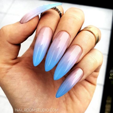 Color Ombré Nails, Nails Gel Acrylic, Nails Beige, Almond Stiletto, Polished Nails, Ombré Nails, Gel Nails At Home, Blue Acrylic Nails, Polygel Nails