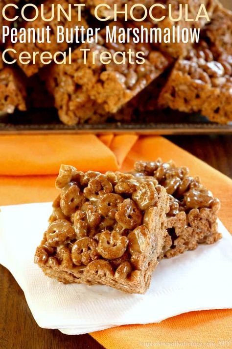 Count Chocula Peanut Butter Marshmallow Cereal Treats - the classic cereal bars get a fun twist, plus the addition of chocolate and peanut butter. This no-bake dessert recipe is fast, easy, and fun for kids of all ages. #countchocula #nobakedessert #cerealtreats Count Chocula Treats, Cereal Bars Without Marshmallows, Marshmellow Treats With Cereal, Peanut Butter Marshmallow Cereal Bars, Pumpkin Spice Cheerios, S’mores Cereal Treats, Kix Cereal Marshmallow Treats, Marshmallow Treats Recipe, Marshmallow Cereal