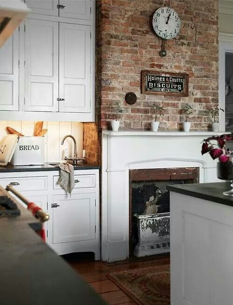 Love the exposed brick & fireplace Exposed Brick Fireplaces, Kitchen With Fireplace, Farmhouse Fireplace, Kitchen Fireplace, Kitchen Design Decor, Brick Design, Trendy Kitchen, Brick Fireplace, Fireplace Design