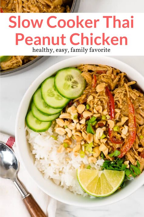 The most amazing crockpot chicken with a creamy Thai peanut sauce made with ingredients you already have in the pantry. Easy, delicious, and a family favorite. This healthy recipe from Slender Kitchen is MyWW SmartPOints compliant and is gluten free, low carb, and paleo. #dinner #freezerfriendly #kidfriendly Thai Peanut Chicken Freezer Meal, Crockpot Thai Peanut Chicken, Crockpot Peanut Chicken, Crockpot Thai, Slow Cooker Thai, Instant Family, Easy Food Recipes, Thai Peanut Chicken, Slender Kitchen