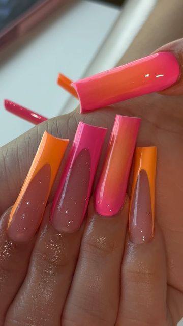 𝐊𝐚𝐲𝐥𝐚 🫶🏻 on Instagram: "These Colors 😮‍💨🩷🧡

#nailsofinstagram #explorepage #airbrushnails
#summernails" Red Yellow Ombre Nails, Hot Pink Nails Acrylic, Yellow Ombre Nails, Pink Nails Acrylic, Hot Pink Nails, Yellow Ombre, Long Square Acrylic Nails, Toe Nail Designs, Square Acrylic Nails