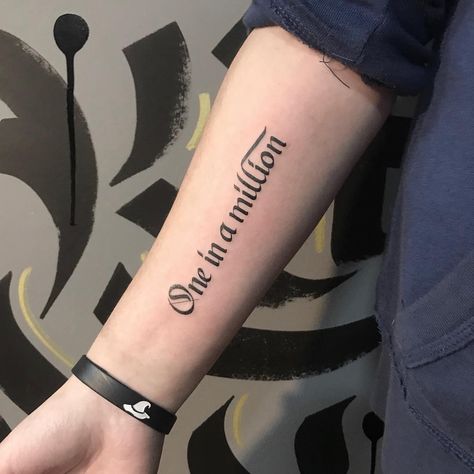 One in a million. #nossouniversoink #calligraphy #calligraphytattoo #oneinamillion #tattoo #ink #inked #type #lettering #twice #kpop… One In A Million Tattoo, Twice Tattoo Ideas Kpop, Words Tattoo, Meaning Tattoos, Kpop Tattoos, Bookish Tattoos, Framed Tattoo, Self Love Tattoo, Hand And Finger Tattoos