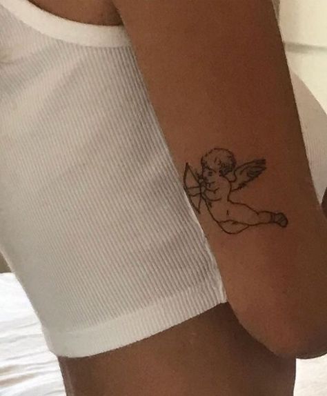 Cute Angel Tattoo, Cupid Tattoo, Cherub Tattoo, Finger Tattoo For Women, Cute Angel, Red Ink Tattoos, Dainty Tattoos, Angel Tattoo, Dope Tattoos