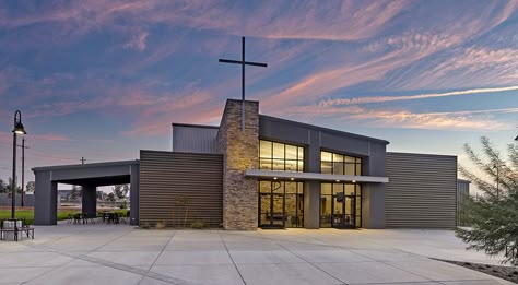 Custom Church Campus Steel Buildings | Nucor Building Systems Church Building Design Exterior, Exterior Design Building, Church Exterior Design, Modern Church Architecture, Modern Church Design, Contemporary Church Design, Church Design Sanctuary, Church Lobby Design, Church Exterior